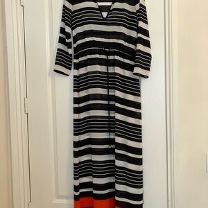 Michael Kors Striped Navy and White Maxi Dress with Orange Accent & SideSlits